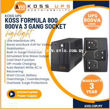 KOSS 800VA Line Interactive Uninterruptible Power Supply UPS Back Up Battery Voltage Stabilization 3 Gang FORMULA 800