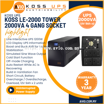 KOSS Lennox 2000VA 1200W Uninterruptible Power Supply UPS 4x UK Socket 2x 9Ah Back Up Battery Voltage Stabilizer LE-2000