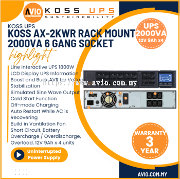 KOSS Axcell Rack Mount 2000VA 1800W Uninterrupted Power Supply 4x UK 3 Pin Socket 4x 12V 9 AH Back Up Battery AX-2KWR