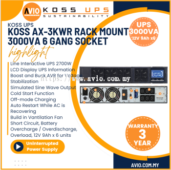 KOSS Axcell Rack Mount 3000VA 2700W Uninterrupted Power Supply 6x UK 3 Pin Socket 6x 12V 9 AH Back Up Battery AX-3KWR