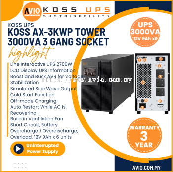 KOSS Axcell Tower 3000VA 2700W Uninterrupted Power Supply 3x UK 3 Pin Socket 6x 12V 9 AH Back Up Battery AX-3KWP