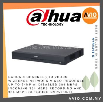 DAHUA 8 Channel 1U 2HDDs WizSense Network Video Recorder Up to 24MP AI disabled 384 Mbps incoming 384 Mbps recording and 384 Mbps outgoing NVR5208-EI
