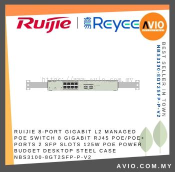 RUIJIE 8-Port Gigabit L2 Managed POE Switch 8 Gigabit RJ45 POE/POE+ Ports 2 SFP Slots 125W PoE Power budget Desktop Steel Case NBS3100-8GT2SFP-P-V2