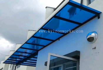 Mild Steel Polycarbonate Blue Plane  Colour(3mm)Skylight Awning -Frame Ms 1 1/2x 1 1/2(1.2)Hollow ,Bean Ms 2x4(1.6),Pillar 2 Inchi Round Hollow