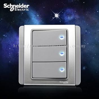 Schneider NEO E3000 C-Metro 86 type Grey Silver 3 Gang 2 Way 10A Switch with Blue LED 
