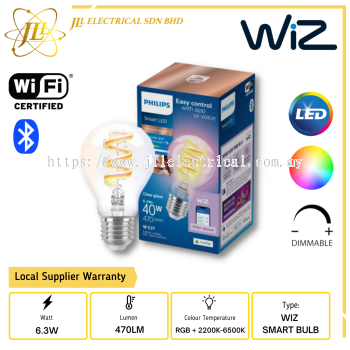 PHILIPS WIZ 6.3W 470LM E27 A60 RGB+2200K-6500K DIMMABLE BLUETOOTH SMART LED FILAMENT CLEAR BULB