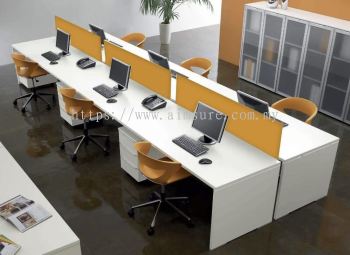 Office workstation with full white table and desking panel