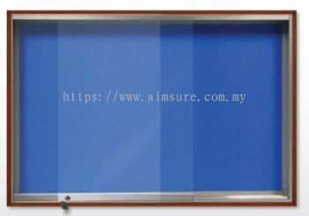 Wooden frame notice board with sliding glass door and lock