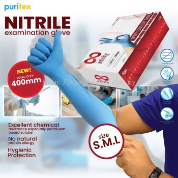 Puritex Nitrile Examination Long glove Powder Free Mammamia Gloves 400mm (Blue)
