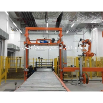 Auto pallet wrapping strapping corner application system