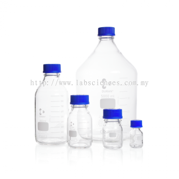 Duran Laboratory Bottles, Clear, with Din Thread, Graduated c/w Local Blue PP Screw Cap and Pouring ring