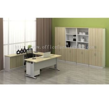 BERLIN EXECUTIVE WRITING L-SHAPE OFFICE TABLE WITH LOW CABINET ABMB 11 FULL SET