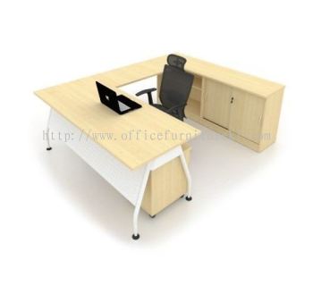 MADISON EXECUTIVE L-SHAPE OFFICE TABLE / DESK METAL A LEG C/W LOW CABINET & MOBILE PEDESTAL 3D (Color Maple) - L-shape table Batu Tiga Industrial Park | L-shape table Kl Sentral | L-shape table Changkat Semantan | L-shape table Year End Sale