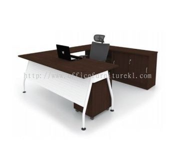 MADISON EXECUTIVE L-SHAPE OFFICE TABLE / DESK METAL A LEG C/W LOW CABINET & MOBILE PEDESTAL 3D (Color Walnut) - L-shape table Mutiara Tropicana | L-shape table Taman Perindustrian Subang | L-shape table Chan Sow Lin | L-shape table Anniversary Sale