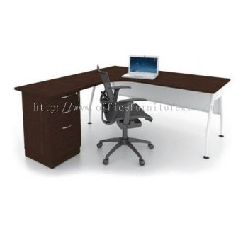 MADISON EXECUTIVE L-SHAPE OFFICE TABLE / DESK C/W FIXED PEDESTAL 2D1F (Color Walnut) - L-shape table Damansara Kim| L-shape table Sungai Besi | L-shape table Setapak | L-shape table Office Furniture Store