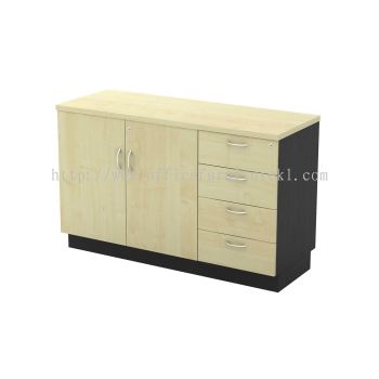 TITUS WOODEN OFFICE SIDE CABINET C/W SWINGING DOOR + FIXED PEDESTAL DRAWER BANTING