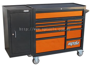 SP TOOLS CUSTOM SERIES ROLLER CABINET WITH SIDE CABINET - 11 DRAWER - ORANGE/BLACK HANDLES SP40160OR