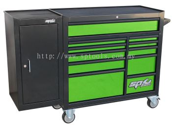 SP TOOLS CUSTOM SERIES ROLLER CABINET WITH SIDE CABINET - 11 DRAWER - GREEN/BLACK HANDLES SP40160G