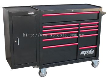 SP TOOLS CUSTOM SERIES ROLLER CABINET WITH SIDE CABINET - 11 DRAWER - BLACK/RED HANDLES SP40162