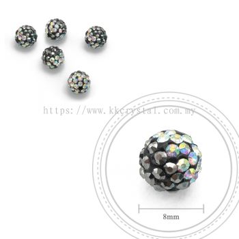 Bling Ball, 8mm, B036, Jet Hematite + Rainbow White, 5pcs:pack