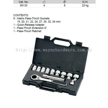 09133 - Pc 1/2 Drive 6 Point Metric Pass Thru Socket Set