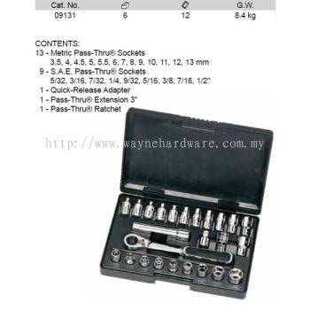 09131 - Pc 1/4 Drive 6 Point Metric SAE Pass Thru Socket Set