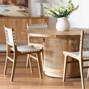 WOODEN & RATTAN ROUND DINING TABLE