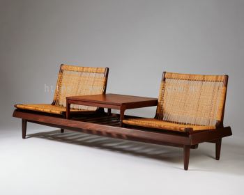 HANDWEAVE RATTAN BENCH WITH TABLE