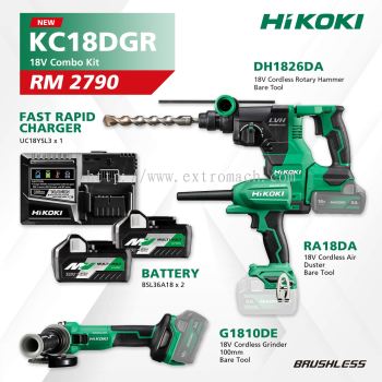 HIKOKI 18V Cordless Rotary Hammer DH1826DA + Cordless Grinder G1810DE + Cordless Air Duster RA18DA