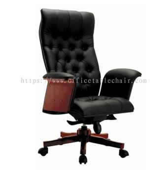 ARISAL DIRECTOR HIGH BACK LEATHER CHAIR WITH RUBBER-WOOD WOODEN BASE