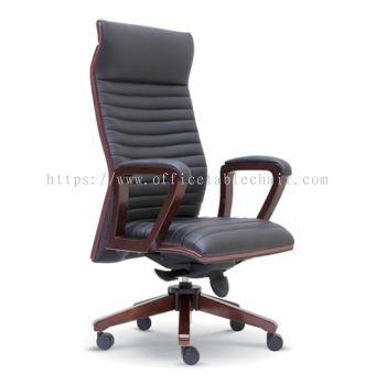 STONOR DIRECTOR HIGH BACK LEATHER CHAIR WITH RUBBER-WOOD WOODEN ROCKET BASE 