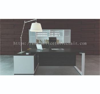 OLVA EXECUTIVE OFFICE TABLE METAL O-LEG C/W WOODEN MODESTY PANEL & SIDE CABINET FULL SET MO 99 WALNUT (FRONT)