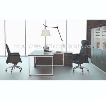 OLVA EXECUTIVE OFFICE TABLE METAL O-LEG C/W WOODEN MODESTY PANEL & SIDE CABINET FULL SET MO 99 WALNUT (SIDE)