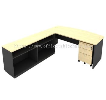 6FT WOODEN BASE EXECUTIVE CURVE OFFICE TABLE WITH TWINS OPEN SHELF LOW CABINET + MOBILE PEDESTAL 2D1F