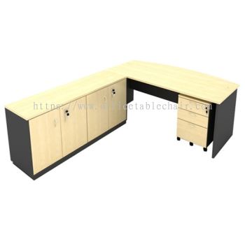 6FT WOODEN BASE EXECUTIVE CURVE OFFICE TABLE WITH TWINS SWINGING DOOR LOW CABINET & MOBILE PEDESTAL 2D1F