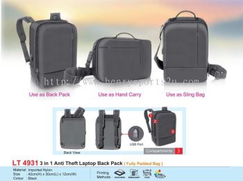 LT4931 3 in 1 Anti Theft Laptop Back Pack (Fully Padded Bag)