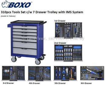 BOXO (TAIWAN) 310Pcs 7Drawer Professional Garage Tool Trolley Set With IMS System