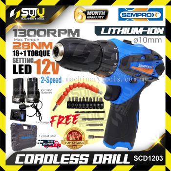 SEMPROX SCD1203 12V 28NM 2-Speed Cordless Drill 1300RPM w/ 2 x Batteries 1.5Ah + Charger + Accessories