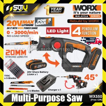 WORX WX550 20V 20MM 2 in 1 Cordless Multi-Purpose Saw 3000RPM with 1 x Battery 2.0Ah + 1 x Charger + FOC 5PCS BOSCH Jigsaw Blade