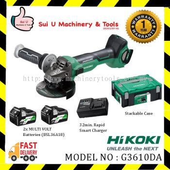 HIKOKI G3610DA Cordless Disc Grinder With Slide Switch + Smart Charger + 2x MULTI VOLT Batteries + Stackable Case