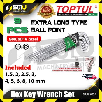 TOPTUL GAAL0927 9pcs Extra Long Type Ball Point Hex Key Wrench Set (Extractor)