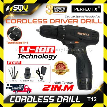 PERFECT X ® T12 Cordless Drill Set w/ 1 x 12V LI-ION Battery + Charger + 4 Drill Bits