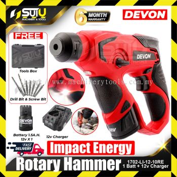 DEVON 1702-LI-12-10RE 12V 1J Electric Cordless Rotary Hammer w/ 1 x Battery 1.5Ah + Charger + Tool Box