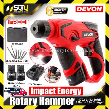 DEVON 1702-LI-12-10RE 12V 1J Electric Cordless Rotary Hammer w/ 2 x Batteries 1.5Ah + Charger + Tool Box