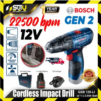 BOSCH GSB 120-LI / GSB120-LI GEN II 12V 30NM Cordless Impact Drill 1500RPM w/ 1 x 2.0Ah Battery + Charger 