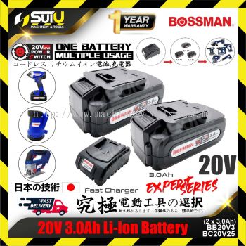 Bossman BB20V3 3.0AH 20V Cordless Li-Ion Battery One Battery Multiple Usage (1 Charger + 2 x 3.0Ah) 