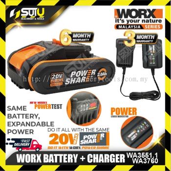 WORX WA3551.1 20V MAX 2.0AH Lithium Battery - With Indicator + WA3760 Charger