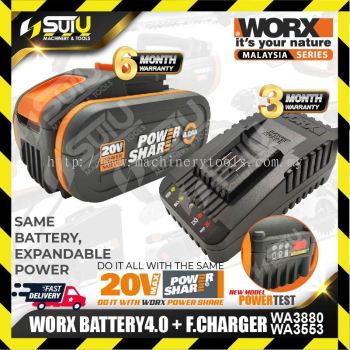 WORX WA3553 20V MAX 4.0AH Lithium Battery - With Indicator + WA3880 Fast Charger