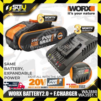 WORX WA3551.1 20V MAX 2.0AH Lithium Battery - With Indicator + WA3880 Fast Charger
