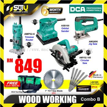 DCA Wood Working Combo B AMP02-6 Trimmer Router + ASB100 Sander + AMQ65K Jig Saw + AMY02-185 Circular Saw + Free Gift